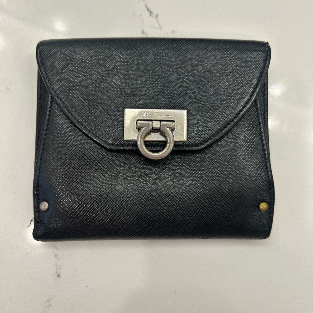 Salvatore Ferragamo Black Leather Wallet - Gancini Closures